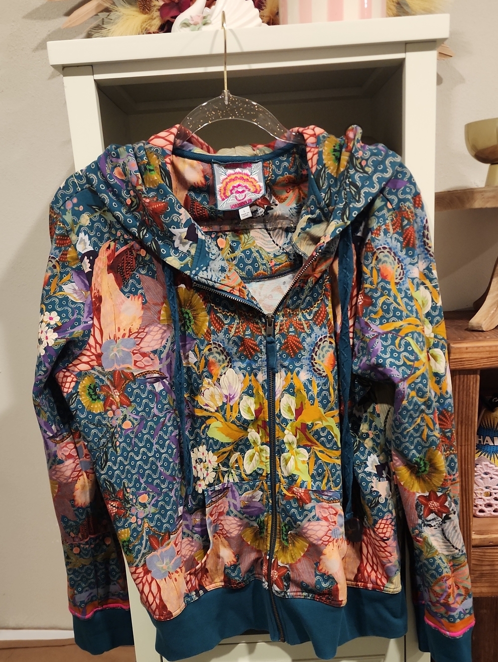 Johnny Was Teal Multi-Color Floral Zip Hoodie